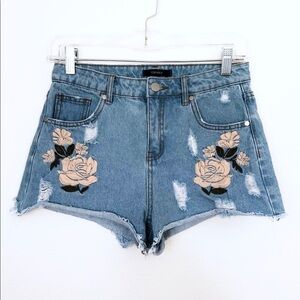 Floral Rose Embroidery Denim Cutoffs MOM SHORTS